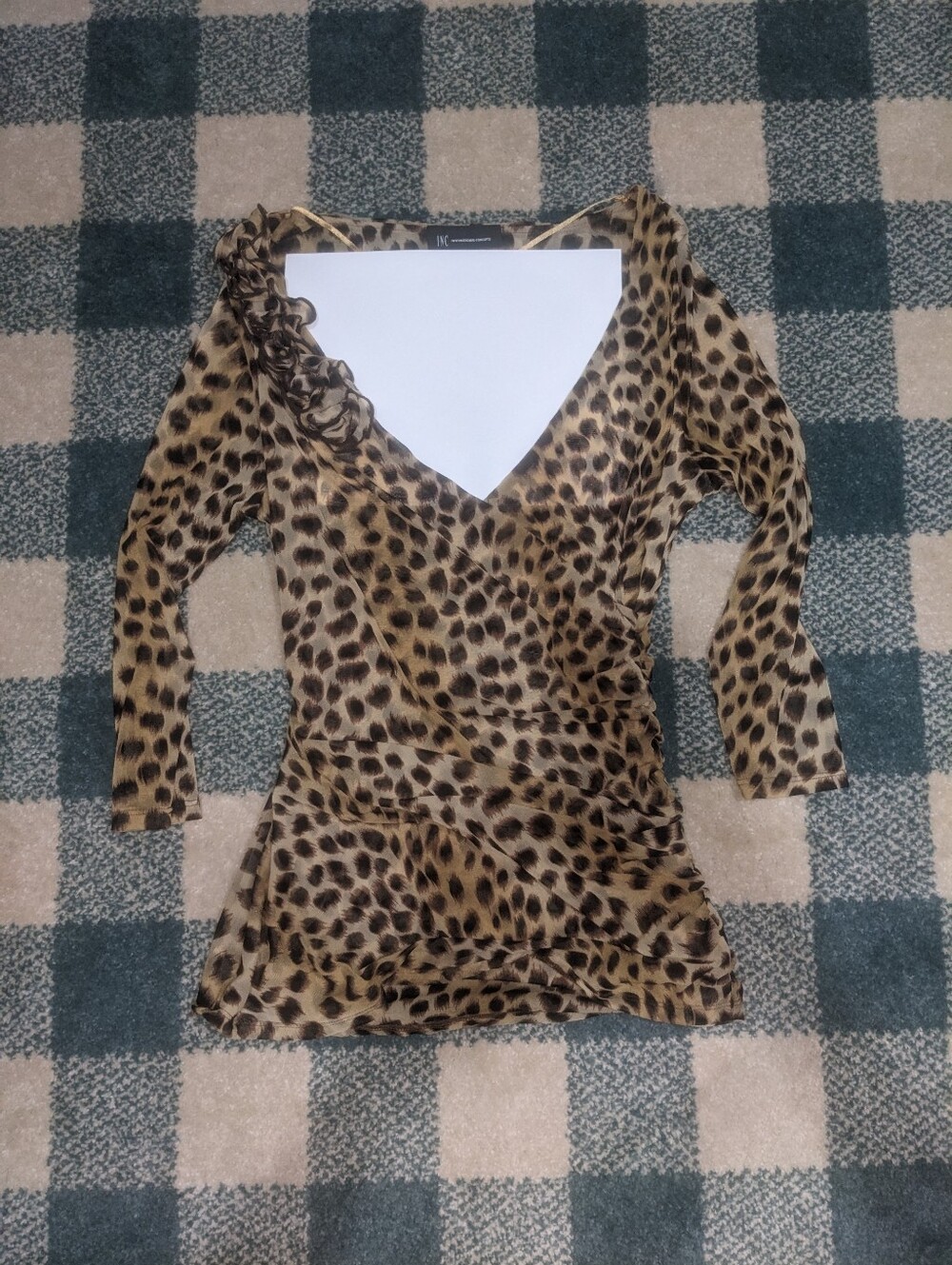 International Concepts Leopard Cheetah Print Mesh Deep V Fitted Top Size L